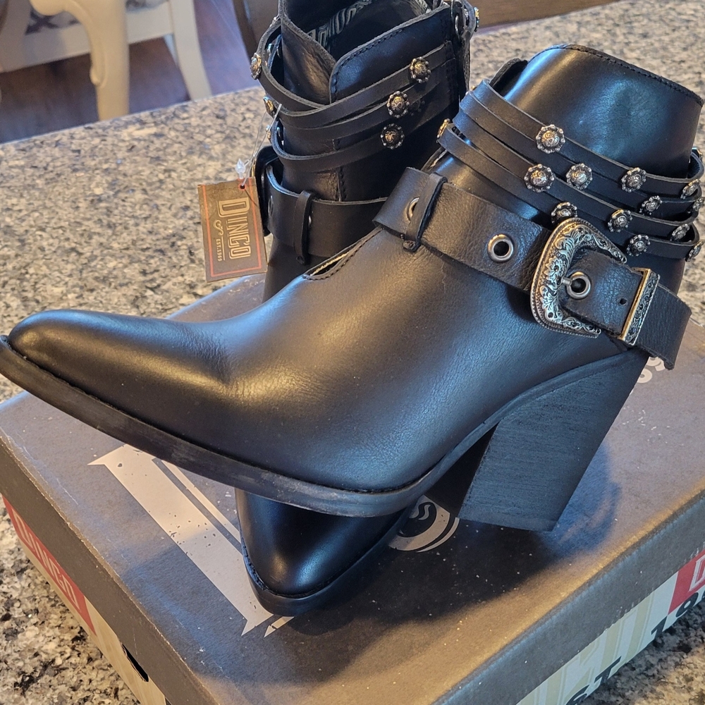 Dingo Women's Black Genuine Leather Upper Ankle Booties with Embellished Buckles
